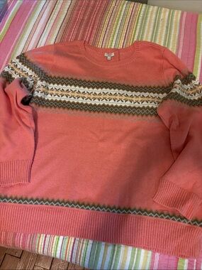 Talbots Coral Crewneck Sweater with Fair Isle Yoke